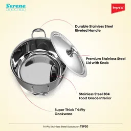impex Serene Triply Sauce Pan 20 cm diameter with Lid 3 L capacity image 3