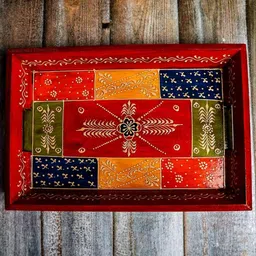 swadeshi blessings Wooden Tray for Serving-Handcrafted & Hand-Painted, Home Decor, Antique Red Tray image 4