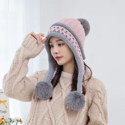 highever Cute warm soft fur inside with earflap three pom-pom knitted women winter cap Woven Beanie-picture-10