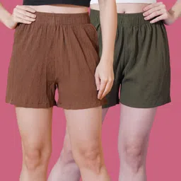 parona Pack of 2 Solid Women Brown, Green Casual Shorts-picture-11