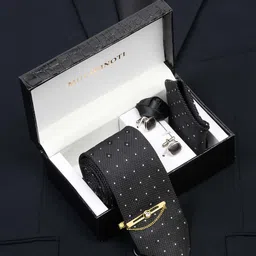 MUTAQINOTI Men Checkered Black Silk Necktie Accessory Gift Set-image-60