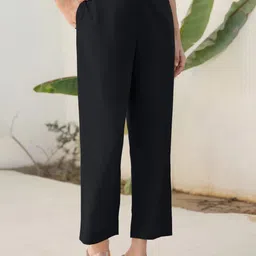 Women Comfort Fit Black Pure Cotton Trousers-image-40