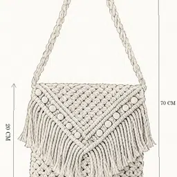 asad enterprises White Women Sling Bag Handcrafted Macramé Sling Bag with Fringes and Wooden Beads – Boho Style image 5