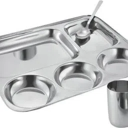 unicus Stainless Steel 5 In 1 Five Compartment Divided Dinner Plate, Compartment Thali With Premium Glass And Spoon | Set Of 3 Sectioned Plate-picture-25