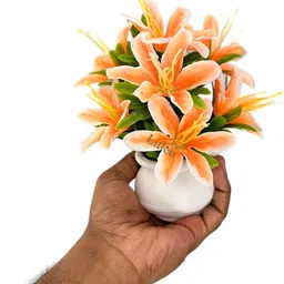 litleo For Home office table shelf decor,gift,art,project Orange Lily, Ballmum Artificial Flower with Pot image 3