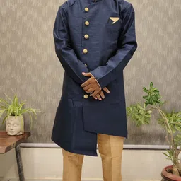 Desi Butik DesiButik Men's Navy Blue Silk Blend Majestic Sherwani with Pant DBOS1068 Embellished Sherwani image 4