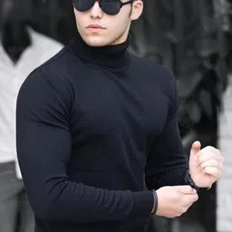 oishee Men Solid High Neck Black Sweater image 1