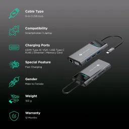 Novoo 9-in-1 USB 3.0 Type C to USB Type C, HDMI Type A, SD Card Slot, TF Card Reader, USB 3.0 Type A, VGA Port, RJ45 USB Hub (Dual Screen Display, Grey) image 2