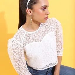 tokyo talkies Casual Puff Sleeves Self Design Women White Top-picture-23