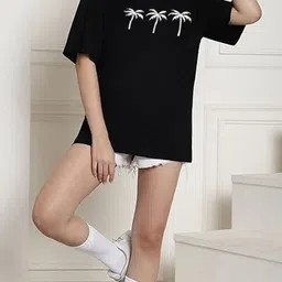 sr fashion Women Printed, Typography Round Neck Cotton Blend Black T-Shirt image 3