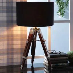 Black Fabric Shade Tripod Table Lamp with Brown Base by Beverly Studio image 1