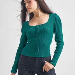 tokyo talkies Women Solid Square Neck Blue Sweater-picture-18