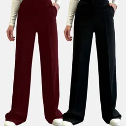 whisq Pack of 2 Women Regular Fit Black, Maroon Cotton Blend Trousers-picture-27