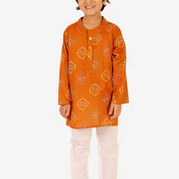 Superminis Boys Brown Floral Printed Pure Cotton Kurta with Pyjamas image 2
