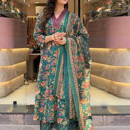 GoSriKi Ethnic Motifs Printed Pleated Mirror Work Kurta With Palazzos & Dupatta-picture-5