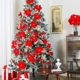 TIED RIBBONS Set of 12 Red Artificial Poinsettia Flower With Clip Stick image 5