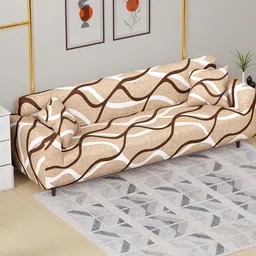 Aura Beige & White Printed Polyester 1 Piece Sofa Cover With Arms image 2