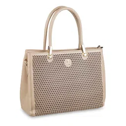 Mochi Women Beige Textured PU Structured Handheld Bag with Cut Work image 3