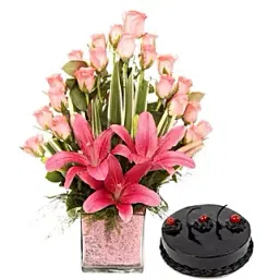 Pink Flowers Vase Arrangement With Cake-image-0