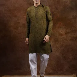 Exotic India Geometric Embroidered Sequinned Pure Cotton Kurta with Pyjamas image 1