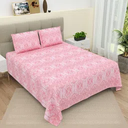 DREAM WEAVERZ Pink & White Striped Pure Cotton 220 TC King Bedsheet With 2 Pillow Covers image 1