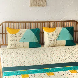 House This Cream-Coloured & Green Geometric 144 TC Queen Bedsheet with 2 Pillow Covers image 1