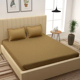 Story@home Camel Brown Self-Striped 300 TC Cotton 1 King Bedsheet with 2 Pillow Covers image 1