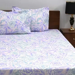 BOMBAY DYEING Allure Lavender & White Printed 144 TC Pure Cotton Queen Fitted Bedsheet Set image 2