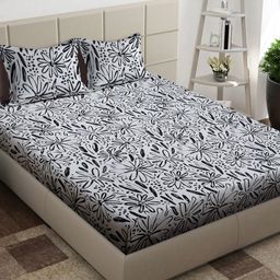 Arrabi White & Black Floral 300 TC King Bedsheet with 2 Pillow Covers-picture-46