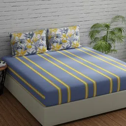 Huesland Comfort Grey & Yellow Striped 144 TC Cotton King Bedsheet & 2 Pillow Covers-image-80