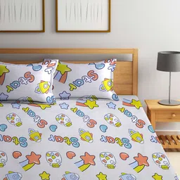 Arrabi Beige & Yellow Conversational 300 TC Flat King Bedsheet with 2 Pillow Covers image 5