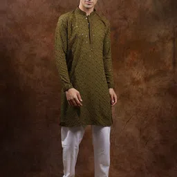 Exotic India Geometric Embroidered Sequinned Pure Cotton Kurta with Pyjamas image 3