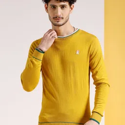 the indian garage co. Men Self Design Crew Neck Yellow Sweater image 1