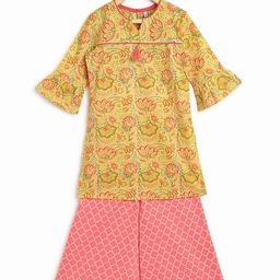 Campana Girls Yellow & Mu;lticolored Floral Printed Pure Cotton Kurti with Palazzos-picture-35