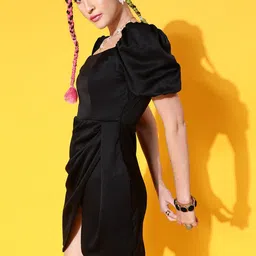 STREET 9 Women Stunning Square Neck Puff Sleeves Black Solid Dress-image-4