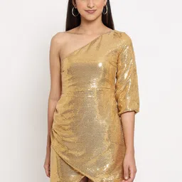 MARC LOUIS Gold-Toned Embellished One Shoulder Georgette Sheath Dress-image-23