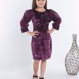 Ministitch Girls Puff Sleeves Velvet Sheath Dress-picture-17