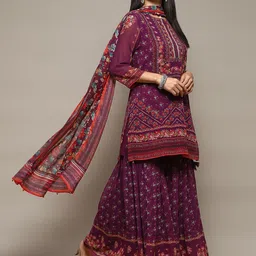 Biba Floral Printed Mirror Work Straight Kurta & Sharara With Dupatta image 4