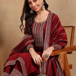KALINI Ethnic Motifs Embroidered Round Neck Zari Straight Kurta With Palazzo & Dupatta image 1