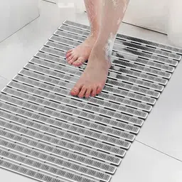 FABINALIV Grey & Black Striped Anti-Skid With Suction Cups Rubber Bath Rugs image 2