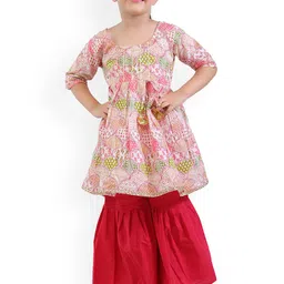 ahhaaaa Girls Pink Floral Printed Pleated Pure Cotton Kurti with Sharara-picture-18