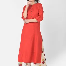 Pistaa Women Red Pleated Kurta With Printed Palazzos-image-2