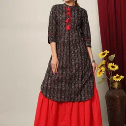 MIRAVAN Ethnic Motifs Printed Pure Cotton Kurta with Skirt image 4