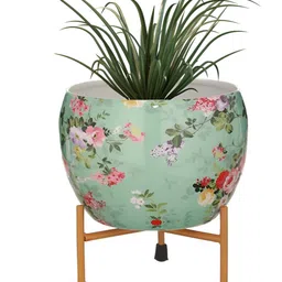 Homspurts Green & Pink Floral Printed Apple-Shaped Metal Planter With Stand image 5