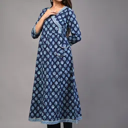 PUKHYA Ethnic Motifs Printed Angrakha Pure Cotton Kurta with Trousers image 3