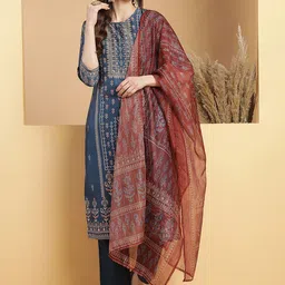 Be Indi Women Ethnic Motifs Printed Round Neck Kurta Set with Trouser & Dupatta image 4