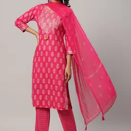 Yufta Women Fuchsia Ethnic Motifs Printed Sequinned Kurta with Trousers & Dupatta image 5