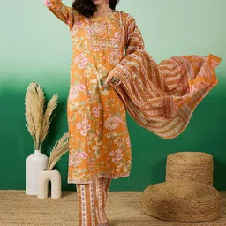 Sangria Printed & Embroidered Pure Cotton Straight Kurta With Trouser & Dupatta Set image 2