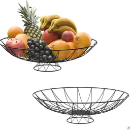 heart home 2 Pcs Metal Fruits & Vegetables Basket Bowl with Holding Stand | Wrought - Black Iron Fruit & Vegetable Basket-picture-17