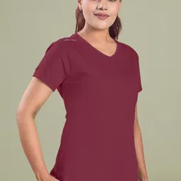 Women Solid V Neck Polycotton Maroon T-Shirt-image-7